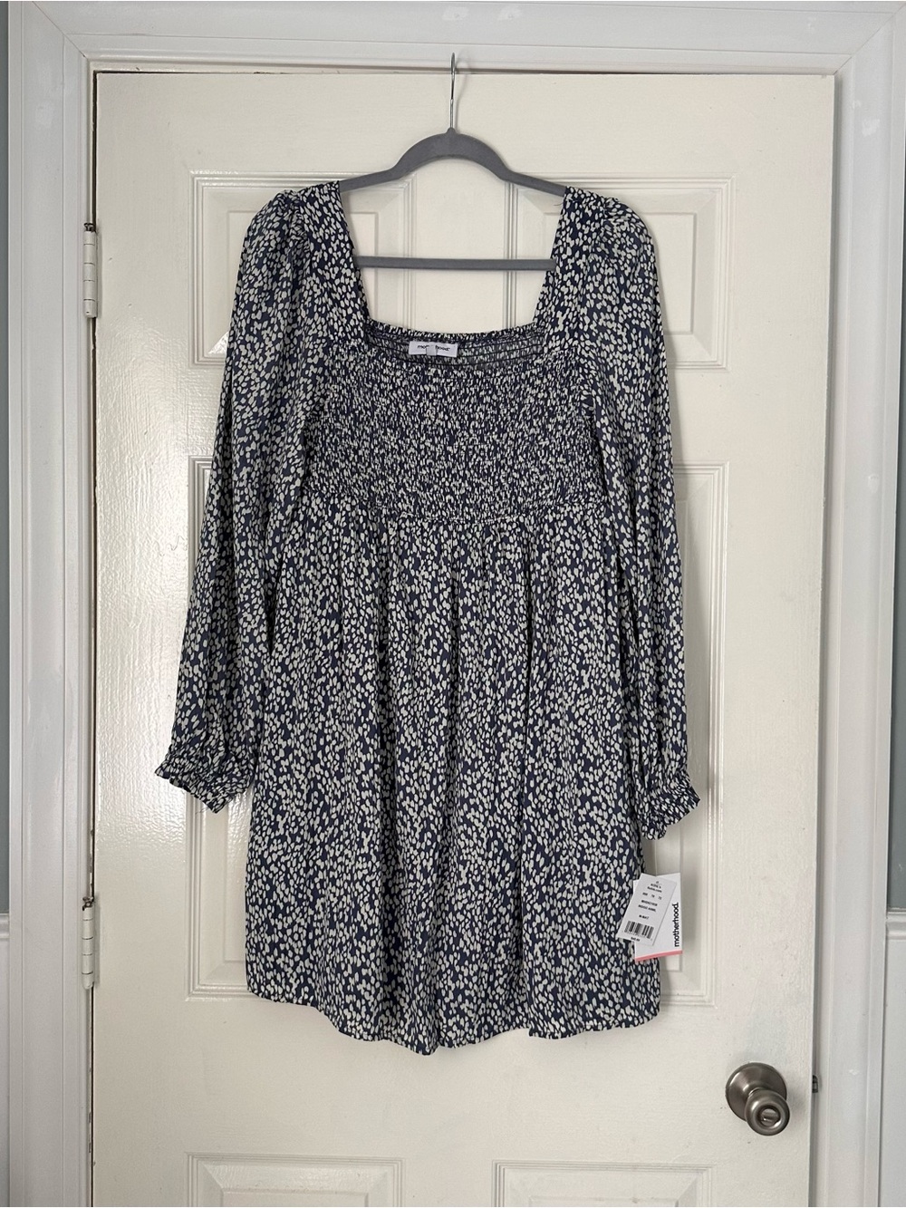 Motherhood Maternity Smocked Mini Dress Size Medium NWT Navy Ivory Long Sleeve